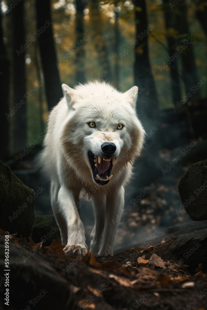 Obraz premium White wolf in the forest. Portrait of a wild wolf. Generative AI