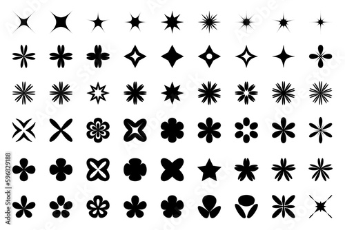 Abstract geometric shapes collection. Vector set of different brutal minimalistic black design elements. Contemporary aesthetic basic Y2K figures - stars, crosses and flowers silhouettes.  © Daria Serheieva