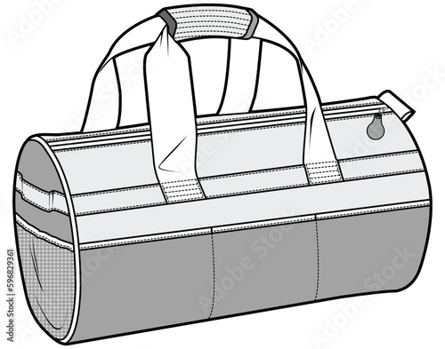 barrel type sports two handled duffle bag flat sketch vector illustration technical cad drawing template