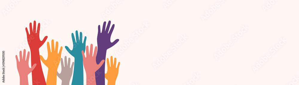 Banner of popular support and solidarity. Hands up in solidarity, People of different races with palms up, Human Rights Day, rally. Multicoloured silhouettes of people's hands, interracial vector
