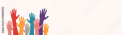 Banner of popular support and solidarity. Hands up in solidarity, People of different races with palms up, Human Rights Day, rally. Multicoloured silhouettes of people\'s hands, interracial vector