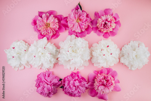 Composition of white and pink peonies, beautiful floral background, fashion, glamour, flat lay