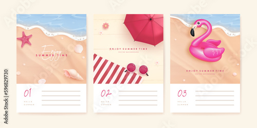 Set of beautiful banner, poster or greeting card design template with realistic summer elements on a beach background. Vector illustration
