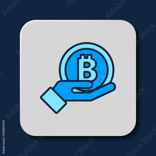 Filled outline Hand holding Bitcoin icon isolated on blue background. Blockchain technology, digital money market, cryptocoin wallet. Vector