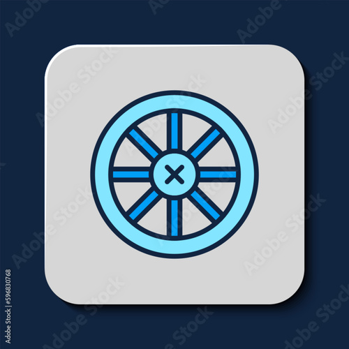 Filled outline Old wooden wheel icon isolated on blue background. Vector