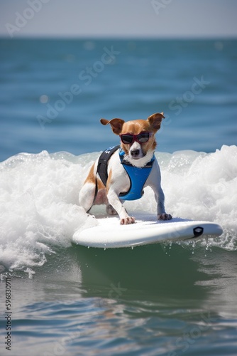 illustration, dog surfing on a surfboard, ai generative. © Jorge Ferreiro