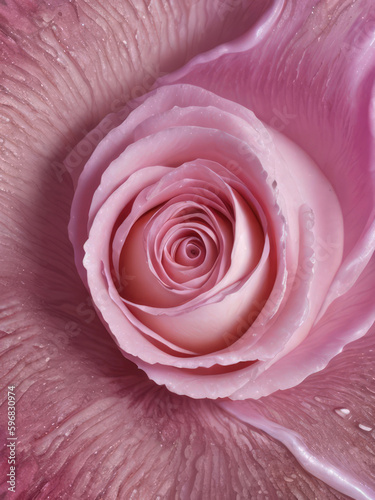 A pink rose with large petals water droplets on it. Generative AI