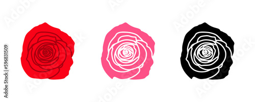 Set of three rose flowers red, pink and black silhouette isolated on a white background. Vector illustration
