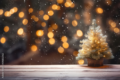 Empty Wooden Table Top with Snow-Covered Christmas Tree Background