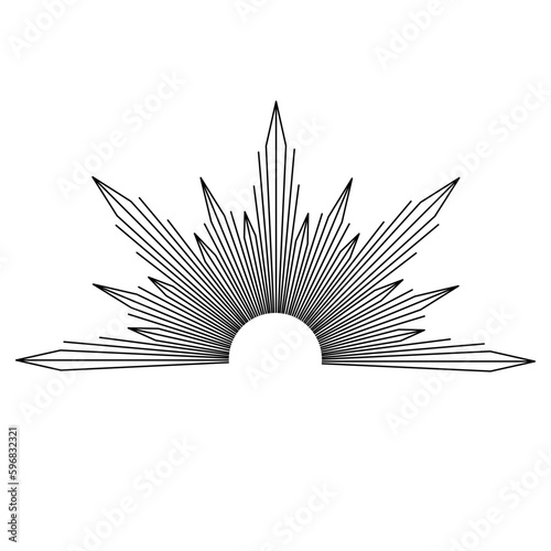 Hand drawn mystical Sun in line art. Sunburst, light rays, spiritual symbol celestial space. Magic talisman, antique style, boho, tattoo, emblem, logo. Vector illustration isolated on white background