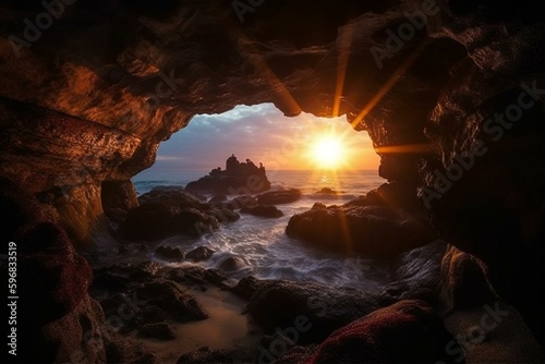 Sunrise inside cave at Caves Beach. Digital art. Generative AI
