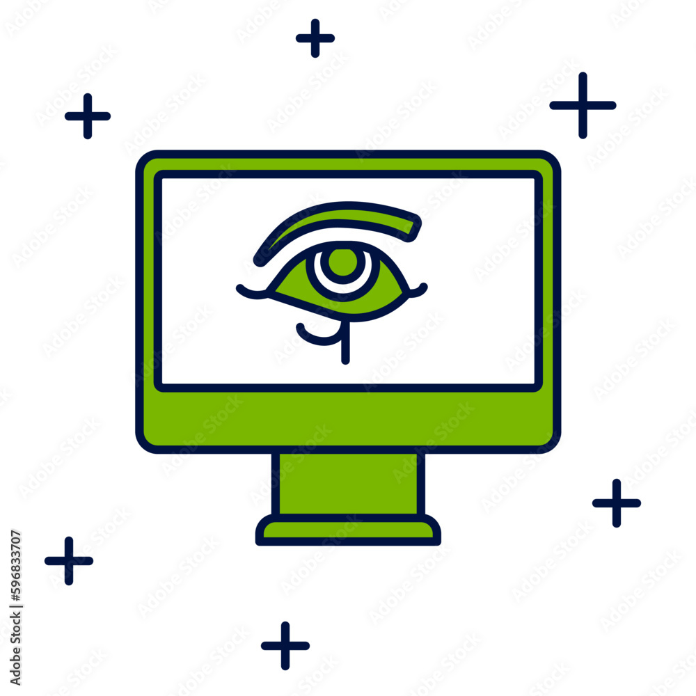 Filled outline Eye of Horus on monitor icon isolated on white background. Ancient Egyptian goddess Wedjet symbol of protection, royal power and good health. Vector Filled outline Eye of Horus on monitor icon isolated on white background. Ancient Egyptian goddess Wedjet symbol of protection, royal power and good health. Vector