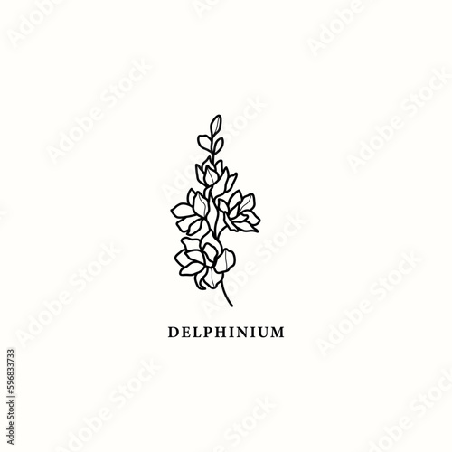 Foto Line art delphinium of larkspur flower illustration