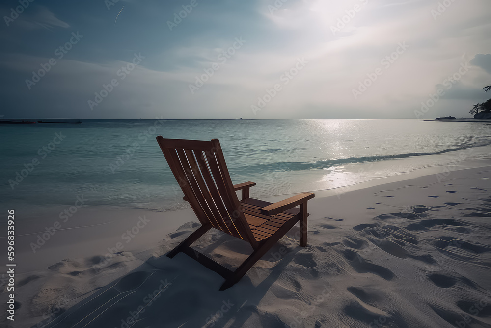 Fototapeta premium Chair on the Maldives beach near the sea, summer holiday and vacation concept for tourism, AI
