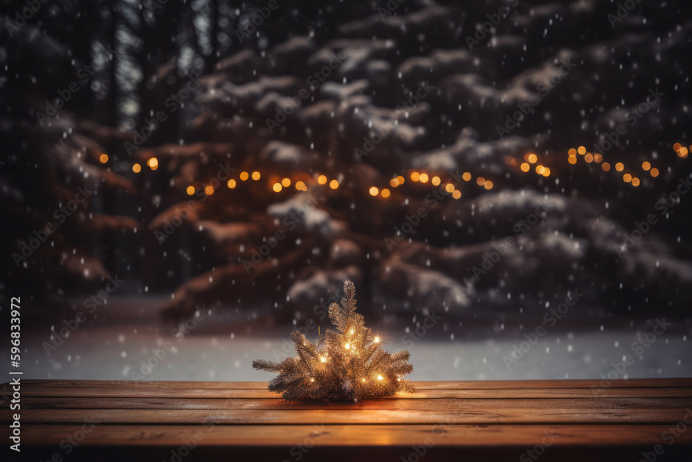 Naklejka premium Empty Wooden Table Top with Snow-Covered Christmas Tree Background