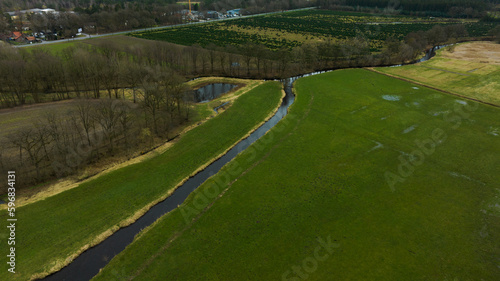 Flusslauf in grüner Wiese mit Baumschule im Hintergrund