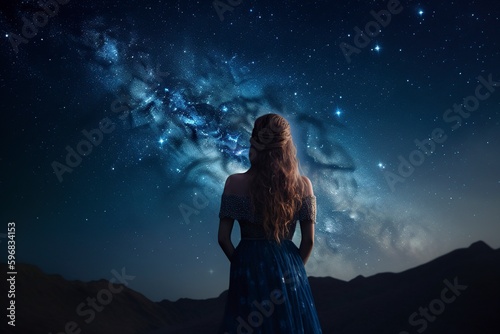 illustration, fantasy princess looking at the milky way, ai generative.