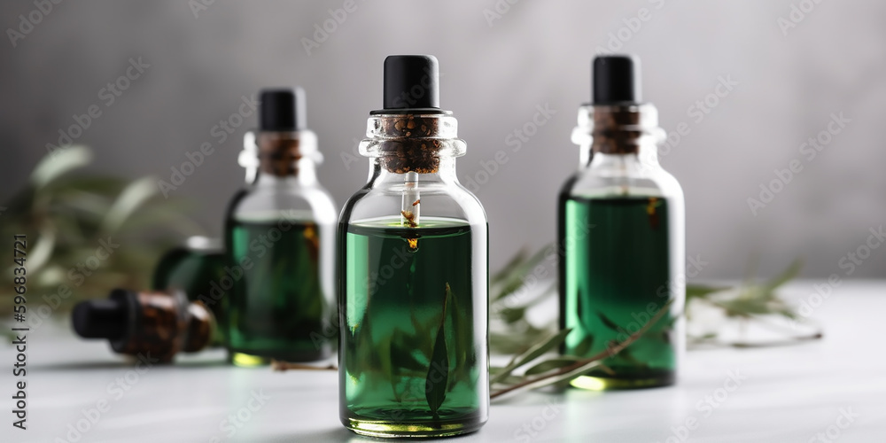 A bottle of tea tree oil serum. Transparent glass dropper bottles with green herbal extracts, accompanied by fresh plant leaves.