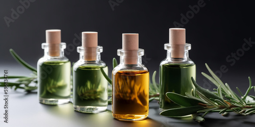 A row of bottles of essential oil. Assortment of essential oil bottles with a clear liquid  each infused with green leaves  against a dark backdrop.