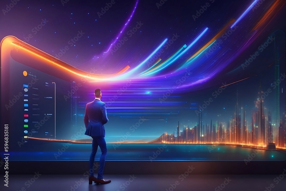 Fototapeta premium Cyber security and online data protection on internet. An analyst facing a large screen of cyber activity. Cybersecurity, privacy, network technology. Encrypted data vault