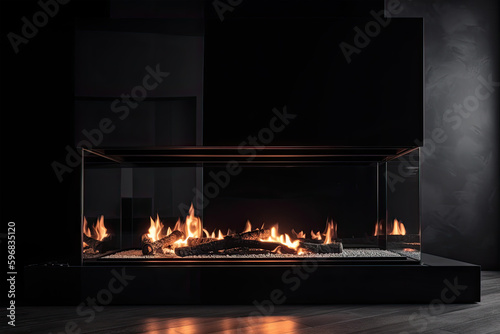 Closeup view of a modern luxury fireplace with fire burning inside. Generative AI