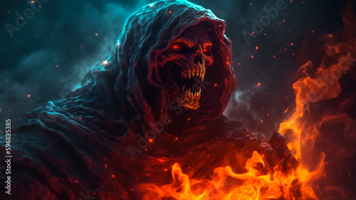 Scary grim reaper in the dark with fire and smoke. Generative AI