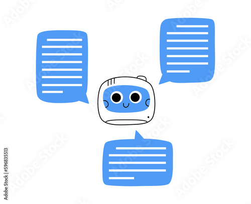 Hand drawn cute cartoon illustration of robot head with speech bubbles. Flat vector artificial intelligence generates text in doodle style. Ai chatbot answers questions sticker or concept. Isolated.