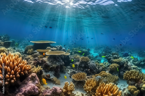 underwater coral reef landscape background in the deep blue Maldives ocean, AI