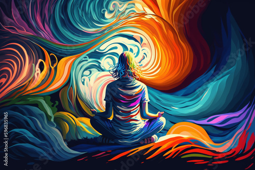 Meditating Person Surrounded by Psychic Waves: Digital Painting. waves take different shapes colors to reflect different emotions and mental states during meditation. Ai