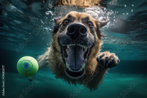 Playful Dog Diving Underwater in Pursuit of Tennis Ball © Georg Lösch