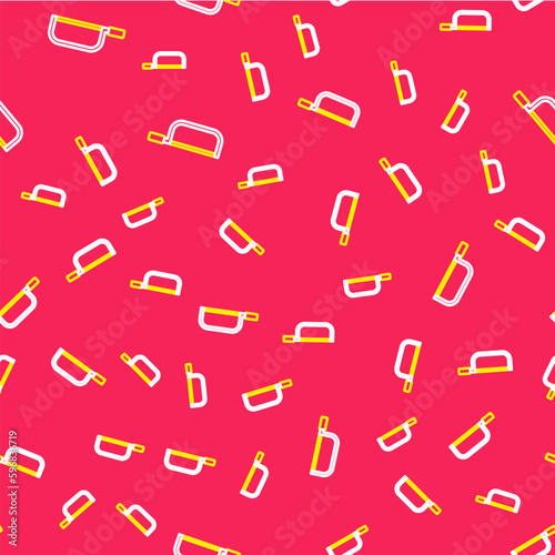 Line Hacksaw icon isolated seamless pattern on red background. Metal saw for wood and metal. Vector