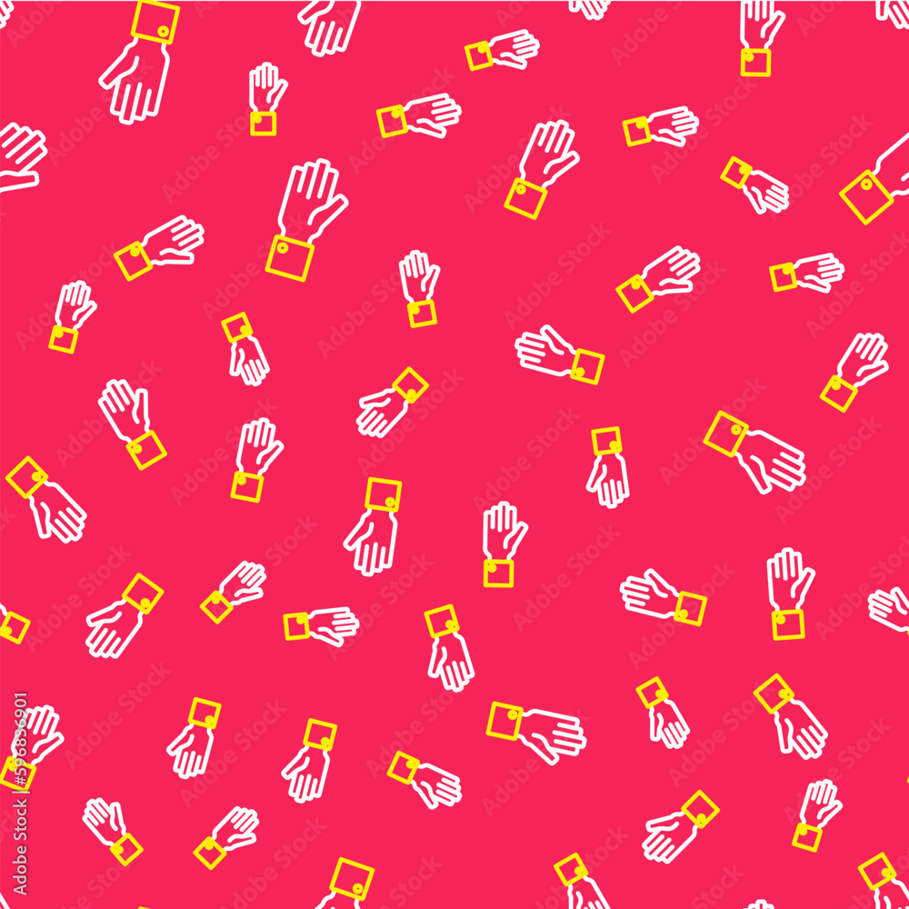 Line Hand holding auction icon isolated seamless pattern on red background. Bidding concept. Auction competition. Vector Line Hand holding auction icon isolated seamless pattern on red background. Bidding concept. Auction competition. Vector