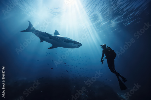 a diver swims with a shark in the maldives in the depths of the ocean, AI © yurakrasil