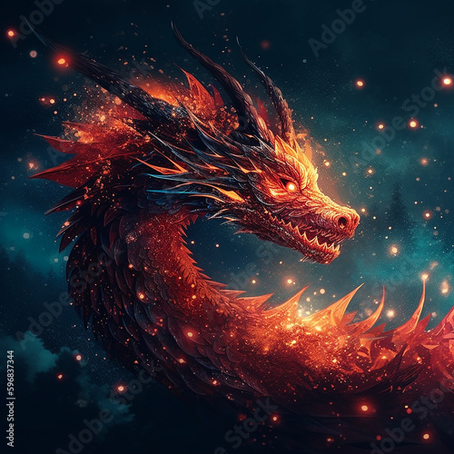 A fiery dragon in the night sky, Generative AI © Dushan