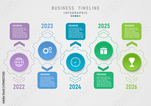 modern business 5 years timeline outline multi colored circle cogs with icons in the center arrows with multicolored square numerals with white letters gray gradient background for template ,marketing