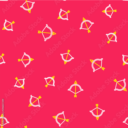 Line Bow and arrow icon isolated seamless pattern on red background. Cupid symbol. Love sign. Happy Valentines day. Vector