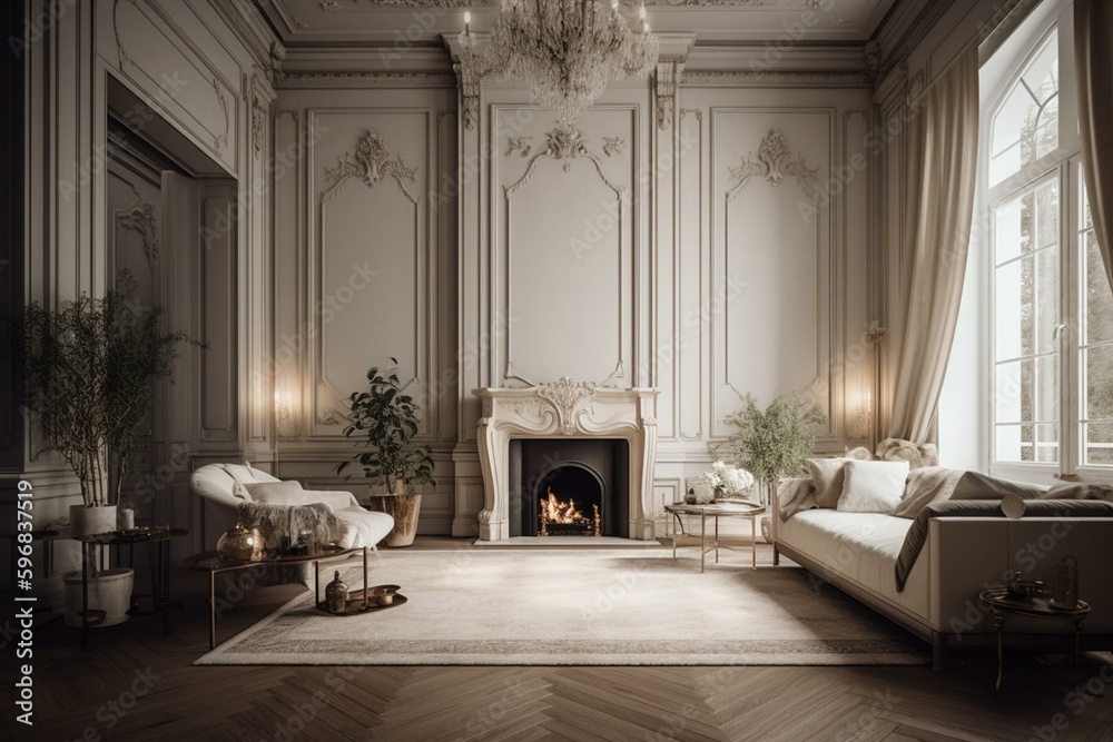 Classic interior design with white walls, beige furniture, fireplace, and decorative moldings. Visualize. Generative AI