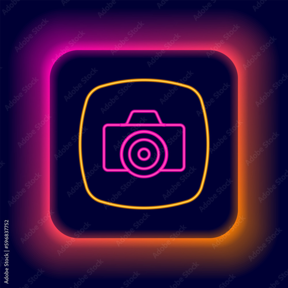 Glowing neon line Photo camera icon isolated on black background. Foto camera. Digital photography. Colorful outline concept. Vector Glowing neon line Photo camera icon isolated on black background. Foto camera. Digital photography. Colorful outline concept. Vector