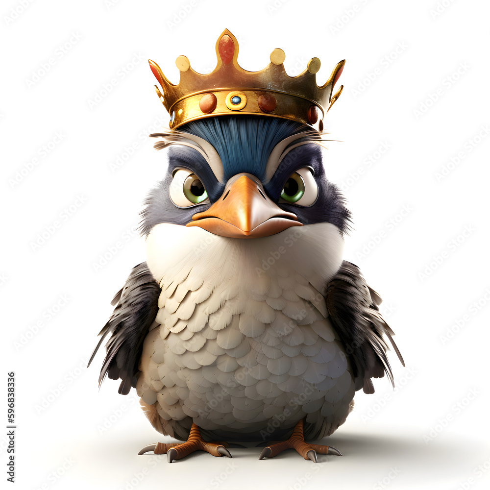 Cartoon owl with crown on white background. 3D illustration.