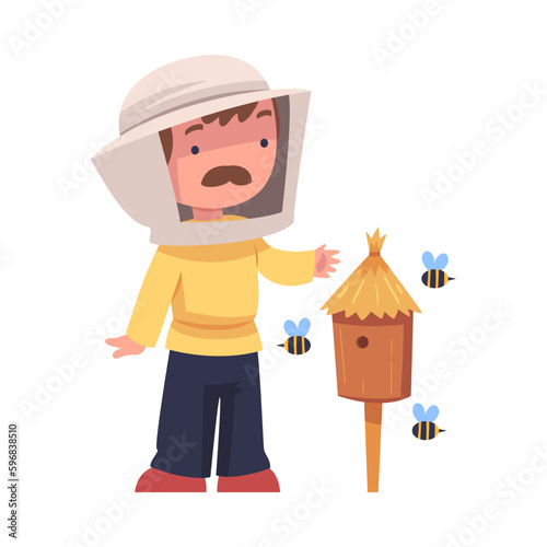 Mustached Beekeeper Keeping Honey Bee Engaged in Apiculture Vector Illustration