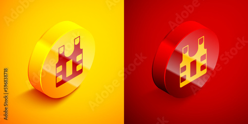 Isometric Bulletproof vest for protection from bullets icon isolated on orange and red background. Body armor sign. Military clothing. Circle button. Vector