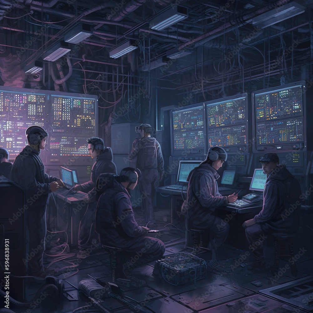 artistic rendering of a group of cryptocurrency miners in a dimly lit, high-tech server room, surrounded by rows of powerful computers humming with activity. Medium: digital art