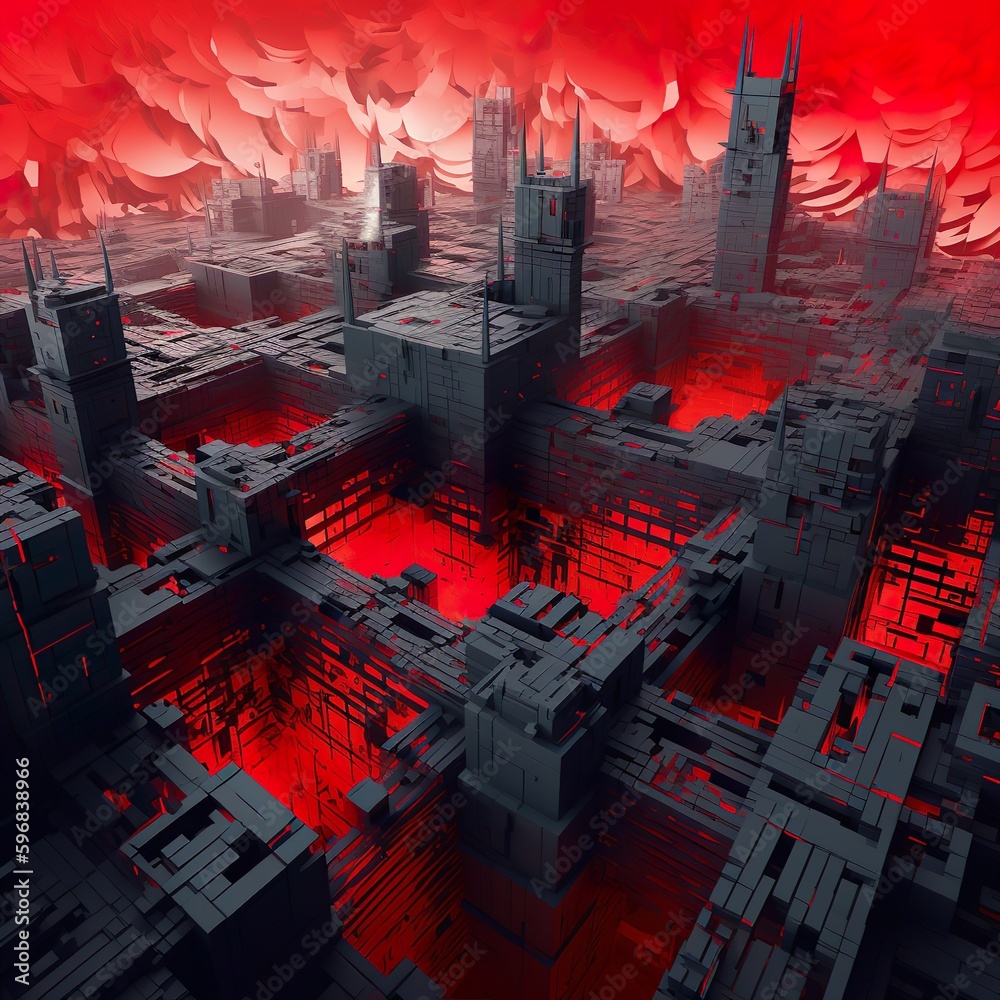abstract digital art piece featuring a massive digital fortress