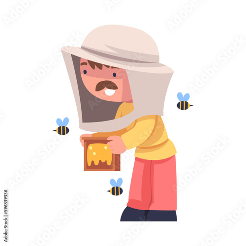 Mustached Beekeeper with Wooden Brood Frame Keeping Honey Bee Engaged in Apiculture Vector Illustration