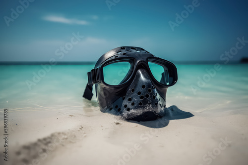 swimming mask on Maldives beach close up, AI © yurakrasil