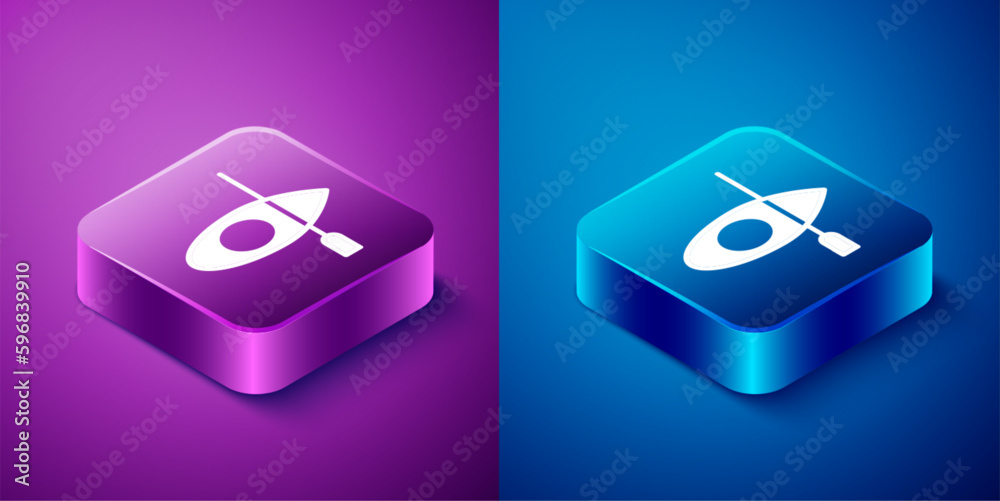 Isometric Kayak and paddle icon isolated on blue and purple background. Kayak and canoe for fishing and tourism. Outdoor activities. Square button. Vector Isometric Kayak and paddle icon isolated on blue and purple background. Kayak and canoe for fishing and tourism. Outdoor activities. Square button. Vector