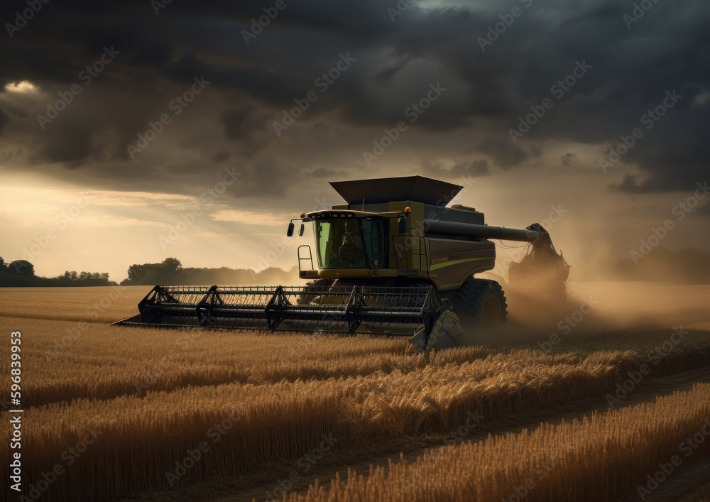 Fototapeta premium Combine harvester working on a wheat field. Concept for A Modern Approach to Agriculture. Generative AI.