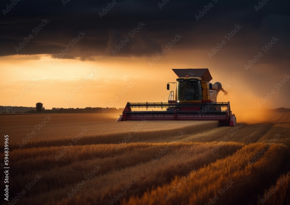 Fototapeta premium Combine harvester working on a wheat field. Concept for A Modern Approach to Agriculture. Generative AI.
