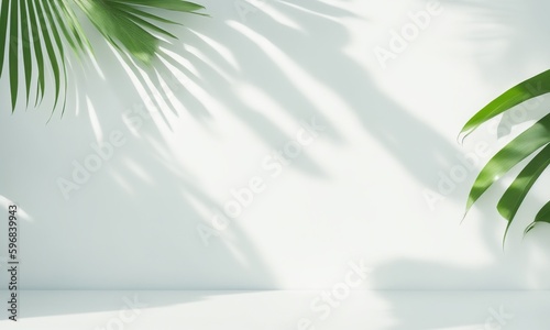 Blank minimal white counter podium, soft beautiful dappled sunlight, tropical palm foliage leaf shadow on wall (Generative AI)