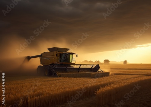 Combine harvester working on a wheat field. Concept for A Modern Approach to Agriculture. Generative AI.